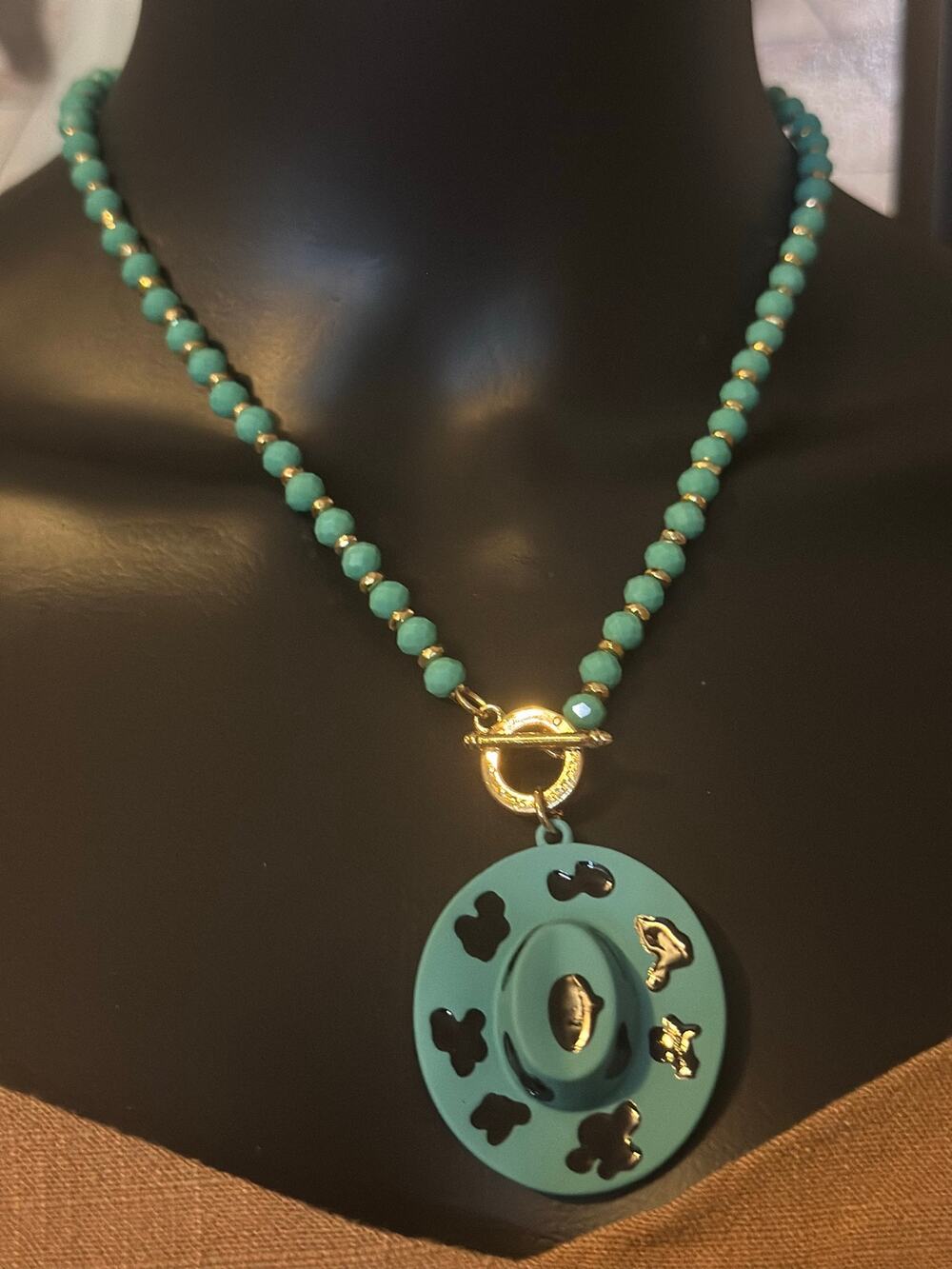 EMMA Western Blue Cow Print Cowboy Hat Pendant Necklace